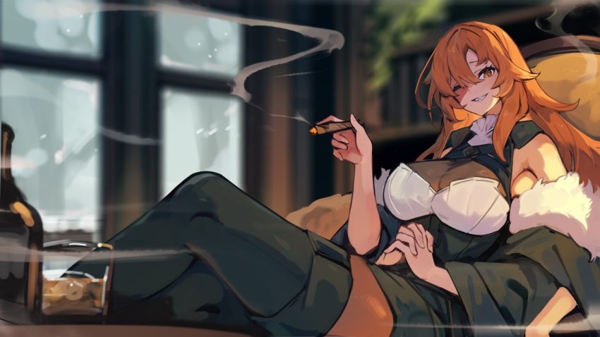 alcohol black_thighhighs blurry blurry_background bottle breasts burn_scar chaise_longue cigar commission crossed_legs cup drinking_glass extra_arms female fur_trim grin holding holding_cigar lansane large_breasts long_hair looking_at_viewer one_eye_closed orange_eyes orange_hair original own_hands_clasped own_hands_together quadriri_(lansane) reclining scar scar_on_face sharp_teeth shot_glass skeb_commission sleeveless smile smoking solo teeth thighhighs whiskey window