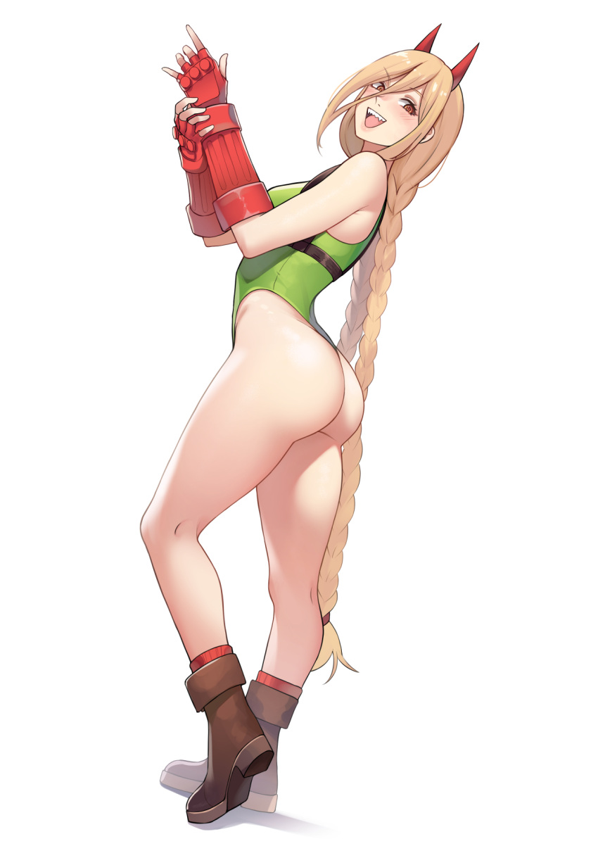 ass bad_id bad_pixiv_id blonde_hair blush boots braid breasts brown_footwear cammy_white cammy_white_(cosplay) cawfield chainsaw_man chest_harness commentary cosplay cross-shaped_pupils demon_horns english_commentary female fingerless_gloves gloves green_leotard hair_between_eyes hands_up harness heel_up highleg highleg_leotard highres horns leotard long_hair looking_at_viewer low_twin_braids medium_breasts open_mouth power_(chainsaw_man) red_gloves red_horns sharp_teeth simple_background smile solo standing street_fighter symbol-shaped_pupils teeth thong_leotard twin_braids very_long_hair white_background yellow_eyes