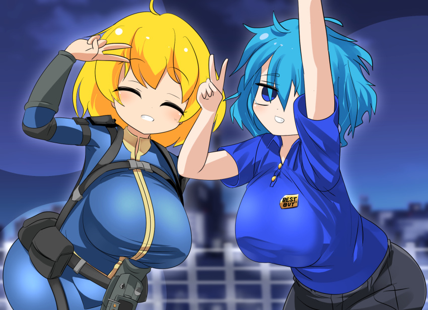 2girls ahoge alice_margatroid belt best_buy black_belt black_pants blonde_hair blue_background blue_bodysuit blue_eyes blue_hair blue_shirt blurry blurry_background blush bodysuit breasts closed_eyes commentary_request cookie_(touhou) cowboy_shot employee_uniform empty_eyes fallout_(series) grin hair_between_eyes highres kawashiro_nitori kofji_(cookie) large_breasts leaning_forward lets0020 long_bangs medium_bangs messy_hair multiple_girls pants pip_boy pouch selfie shirt short_hair short_sleeves smile touhou uniform v vault_suit web_(cookie)