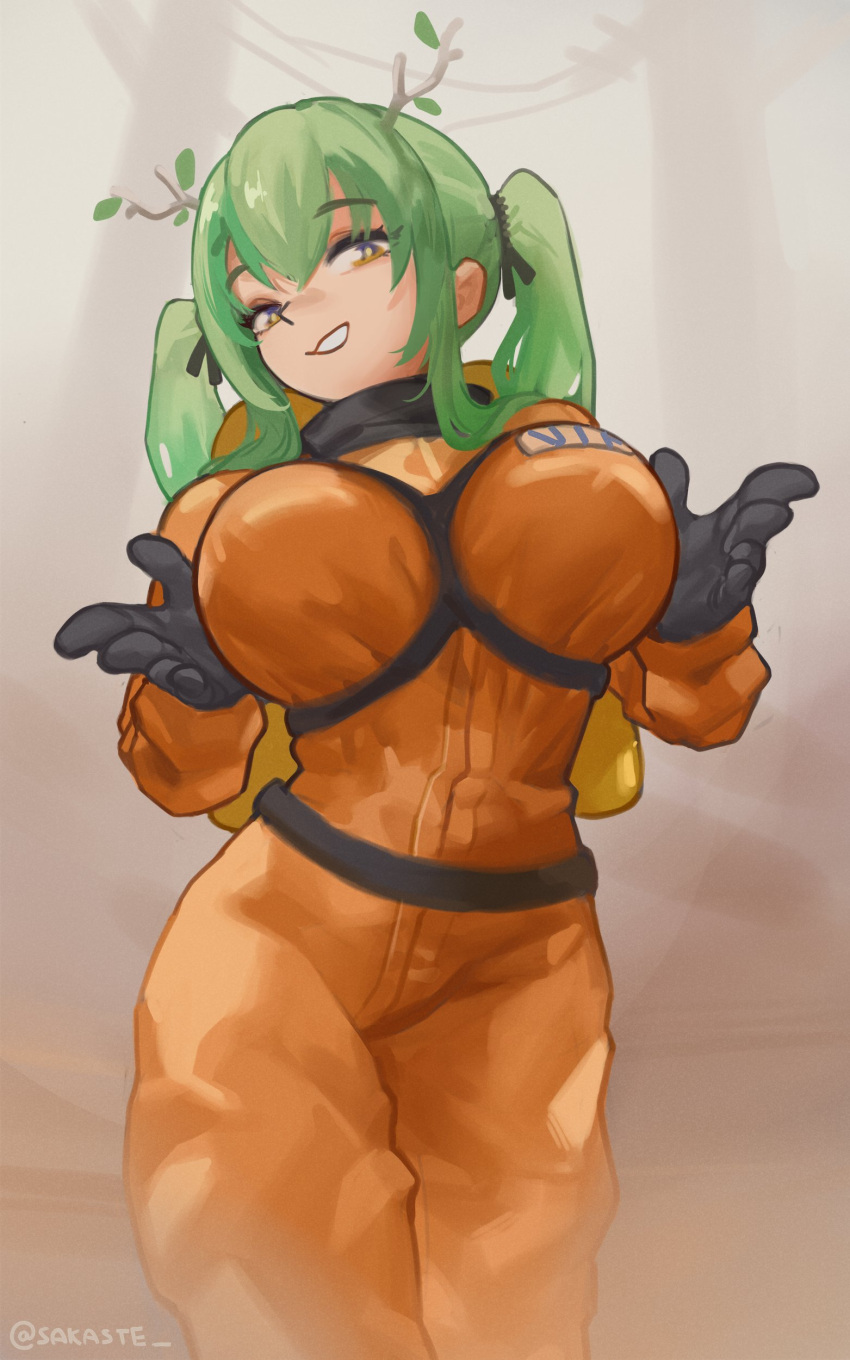 absurdres black_gloves branch breasts cable ceres_fauna cosplay cowboy_shot female fog gloves green_hair highres hololive hololive_english large_breasts leaf lethal_company looking_at_viewer name_tag orange_suit presenting_breasts sakaste smile twintails twitter_username virtual_youtuber worker_(lethal_company) worker_(lethal_company)_(cosplay) yellow_bag yellow_eyes