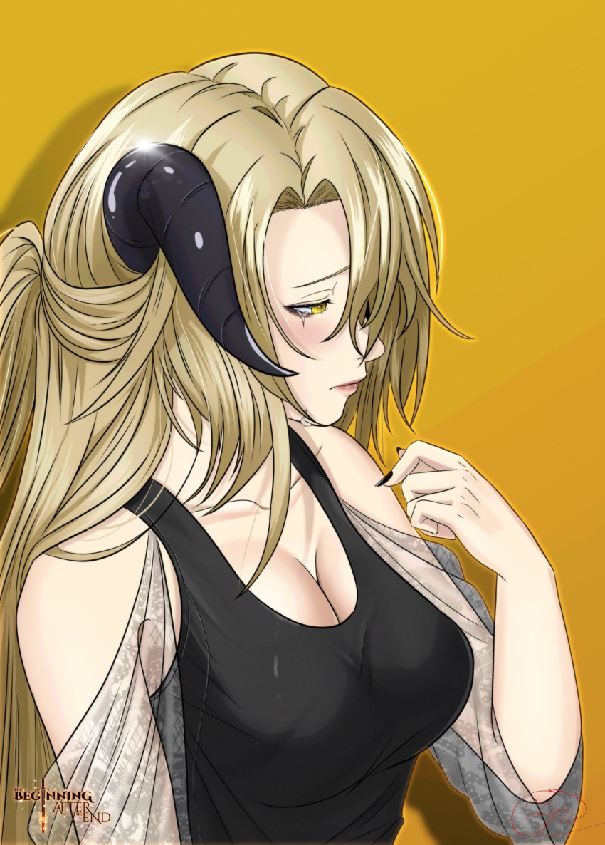 artist_name bare_shoulders black_horns black_nails black_tank_top blonde_hair blush breasts cleavage closed_mouth clothing_cutout collarbone commentary copyright_name crying crying_with_eyes_open dragon_girl english_commentary female fingernails glint hair_between_eyes half_updo hand_up highres horns imlyra large_breasts long_fingernails long_hair nail_polish parted_bangs personification raised_eyebrows see-through see-through_sleeves short_sleeves shoulder_cutout sidelocks signature simple_background solo sylvie tank_top tears the_beginning_after_the_end upper_body yellow_background yellow_eyes