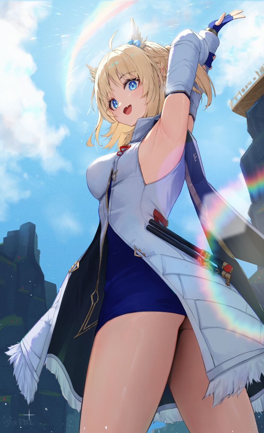 absurdres armpits arms_up blonde_hair blue_eyes blue_sky breasts commentary_request dress ex_astris female fingerless_gloves from_below gloves hair_ornament highres holding long_hair long_sleeves medium_breasts outdoors pointy_ears sky smile solo stretching thighs vi3_(ex_astris) zayur