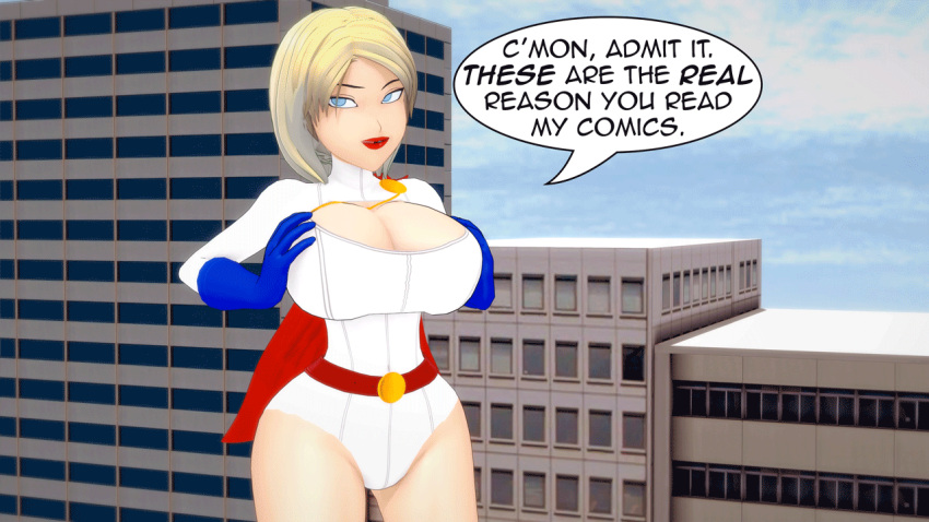 16:9 1girls 3d 3d_animation alien alien_girl animated bell_haircut big_breasts blonde_female breast_squeeze breasts city cleavage dc dc_comics eyebrows_raised female female_only flying fully_clothed koikatsu kryptonian loop misunderstoodsecrets power_girl solo solo_female superheroine text