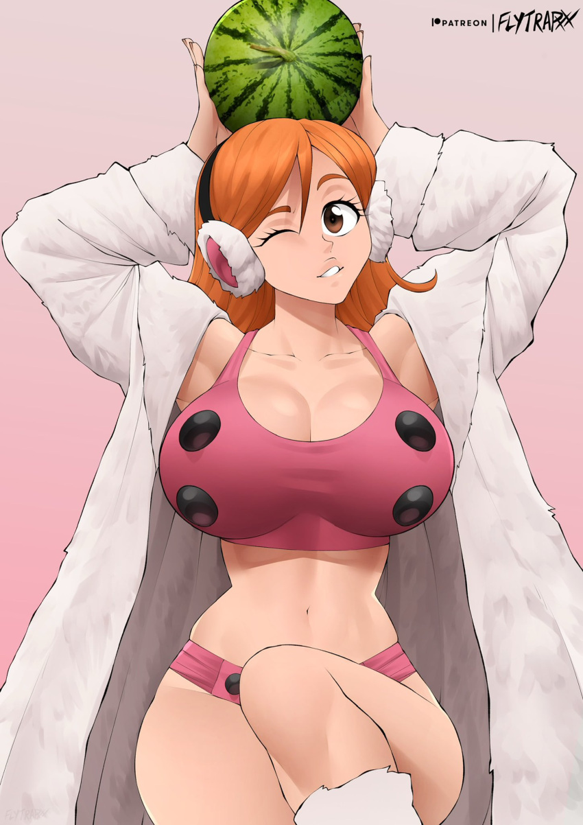 1girls bleach breasts female female_only flytrapxx fully_clothed fur_coat inoue_orihime one_eye_closed solo tagme