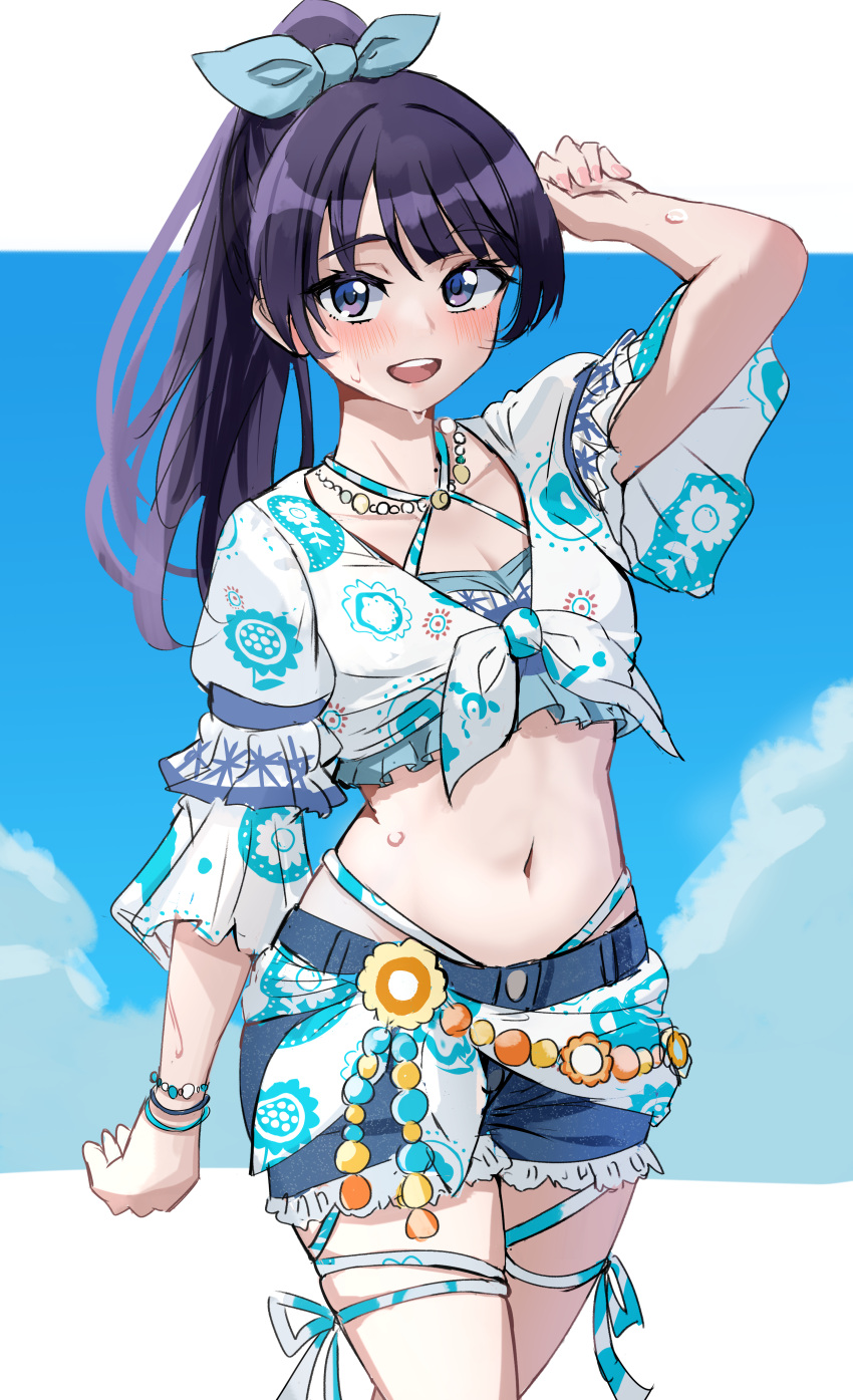 :d absurdres arm_at_side arm_up blue_bow blue_eyes blue_hair blue_shorts blue_sky bow breasts cleavage cloud collarbone commentary_request cowboy_shot cropped_shirt dark_blue_hair denim denim_shorts ereka female hairbow high_ponytail highres letterboxed link!_like!_love_live! long_hair looking_at_viewer love_live! medium_breasts midriff mole mole_on_neck murano_sayaka natsumeki_pain navel official_alternate_costume official_alternate_hairstyle open_mouth outside_border ponytail shirt short_shorts shorts sky sleeves_past_elbows smile solo teeth upper_teeth_only virtual_youtuber wet white_shirt