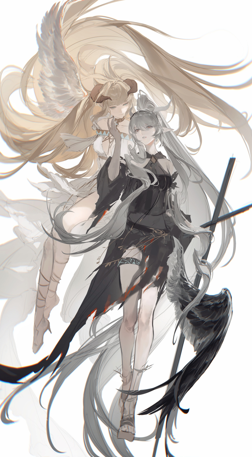 2girls absurdly_long_hair absurdres arknights black_dress blonde_hair chinese_commentary chunbuchou cloak commentary_request dress floating_hair grey_hair hair_spread_out highres horns horns_through_headwear infection_monitor_(arknights) long_hair multiple_girls nightingale_(arknights) nightingale_(iakhu_of_flows)_(arknights) official_alternate_costume pointy_ears ponytail shining_(arknights) shining_(silent_night)_(arknights) simple_background sword torn_clothes very_long_hair weapon white_background white_dress white_hair wings xundaixun