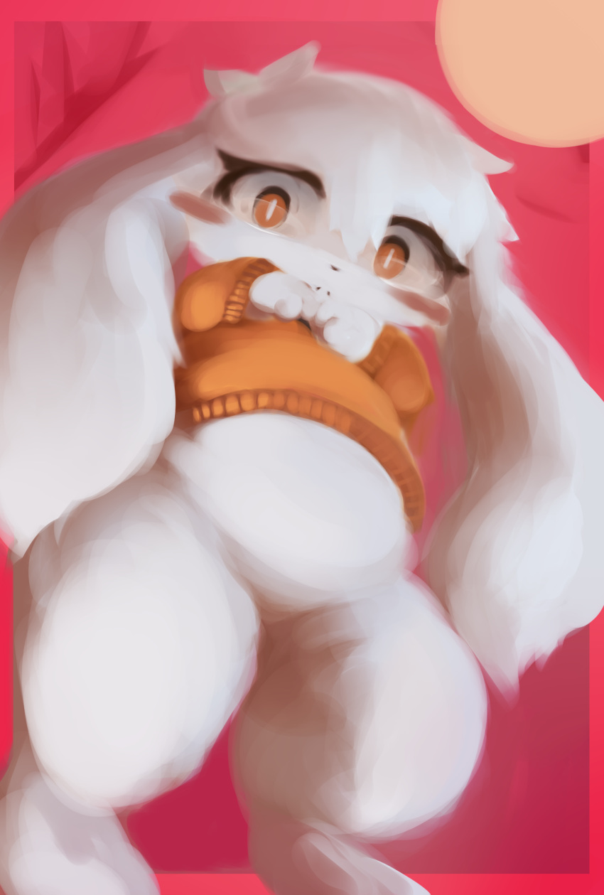 ambiguous_gender anthro black_lips black_nose blush bottomless cave_story clothed clothing death_stare eyelashes featureless_crotch floppy_ears fluffy_ears frown fur hands_together hasukii hi_res intense_stare kemono lagomorph leporid lips looking_at_viewer looking_down mammal mimiga moon night orange_clothing orange_eyes orange_sweater orange_topwear pupils rabbit ransley_(internetmimiga) red_sky sky slightly_chubby slit_pupils solo sweater topwear unusual_pupils white_body white_ears white_fur white_pupils yellow_moon