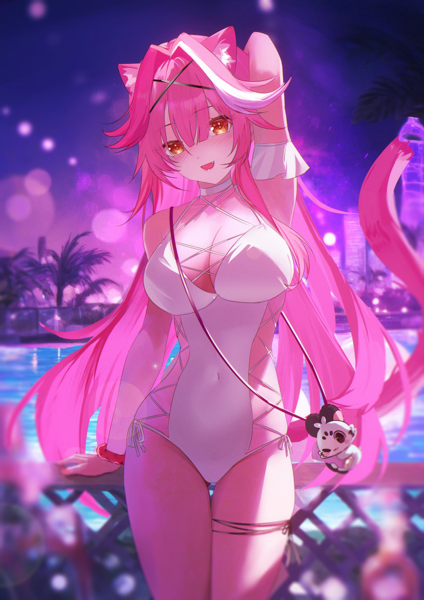 absurdres alternate_costume animal_ears arm_behind_head arm_support arm_up blurry bokeh breasts chattino_(raora_panthera) cleavage covered_navel depth_of_field female hair_intakes hashtag-only_commentary highres hololive hololive_english jiang_ye_kiri large_breasts looking_at_viewer night night_sky one-piece_swimsuit open_mouth panther_ears panther_girl panther_tail pink_hair raora_panthera scrunchie sky smile solo swimsuit tail white_hair white_one-piece_swimsuit wrist_scrunchie yellow_eyes yellow_scrunchie