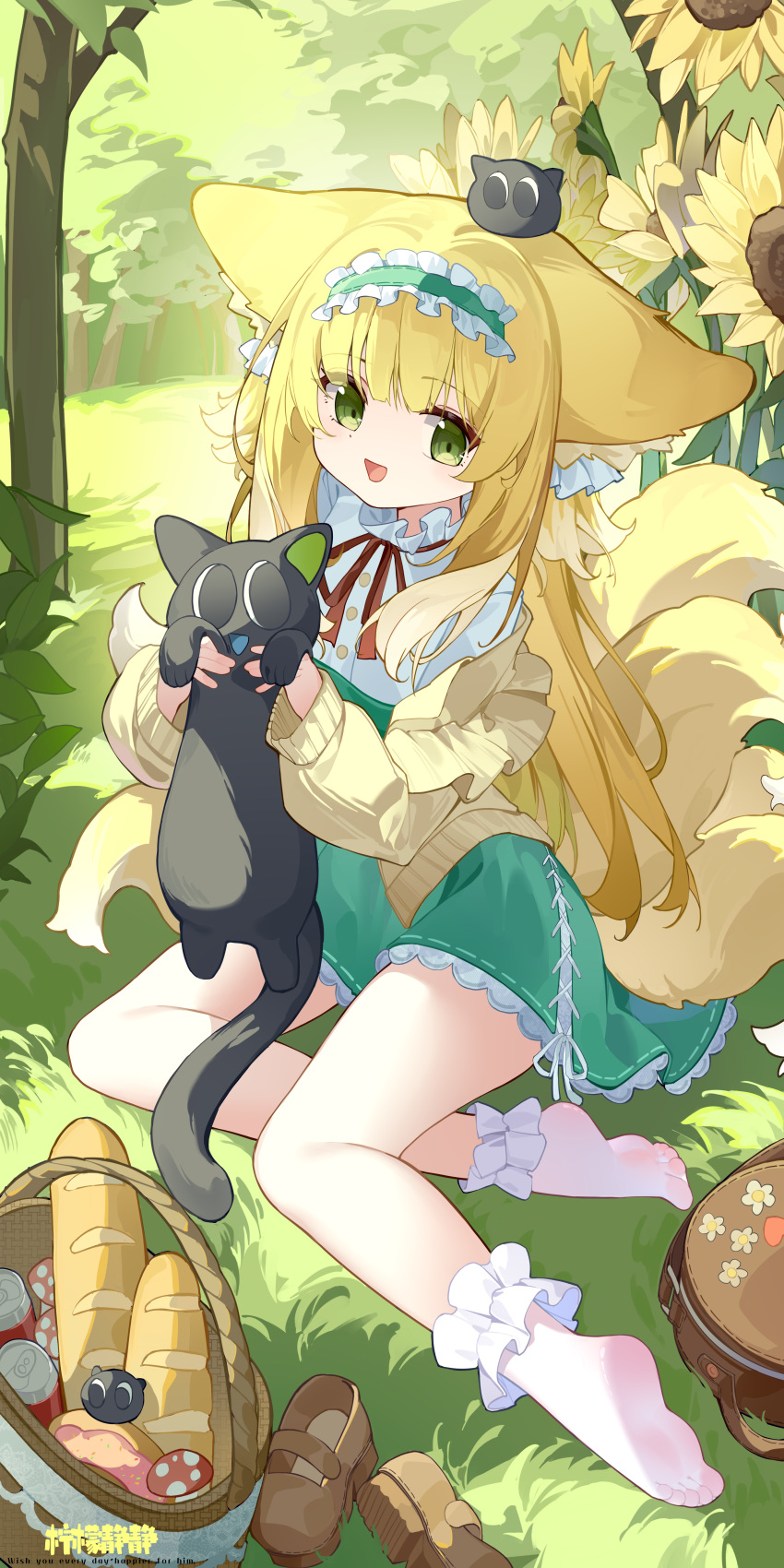 absurdres animal aqua_hairband arknights artist_name bare_legs black_cat blue_hairband bread brown_bag cardigan creature_on_head cross-laced_slit feline female flower food fox_girl fox_tail frilled_hairband frilled_socks frills grass green_eyes hairband highres holding holding_animal holding_cat kitsune kyuubi lily_of_the_valley looking_at_viewer luo_xiaohei luo_xiaohei_(cat) luo_xiaohei_zhanji multiple_tails ningmeng_jing_jing_jing_jing no_shoes on_grass open_cardigan open_clothes open_mouth picnic_basket round_bag sitting smile socks sunflower suzuran_(arknights) suzuran_(spring_praise)_(arknights) tail white_socks yellow_cardigan