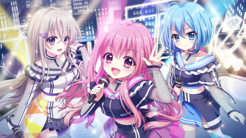 3girls :d asahi_hina blue_eyes blue_hair blue_thighhighs breasts city_lights cityscape closed_mouth concert crop_top dot_nose film_grain fishnet_sleeves fishnet_thighhighs fishnets from_above game_cg grey_hair hair_between_eyes hair_ornament hairclip hand_in_own_hair hand_up holding holding_microphone idol idol_clothes izumi_tsubasu lens_flare long_hair looking_at_viewer medium_breasts microphone midriff mismatched_thighhighs multiple_girls nakano_rinka neon_lights non-web_source official_art open_mouth pink_eyes pink_hair purple_eyes re:stage! sakura_miu short_hair smile sparkle stage stage_lights straight_hair thighhighs very_long_hair