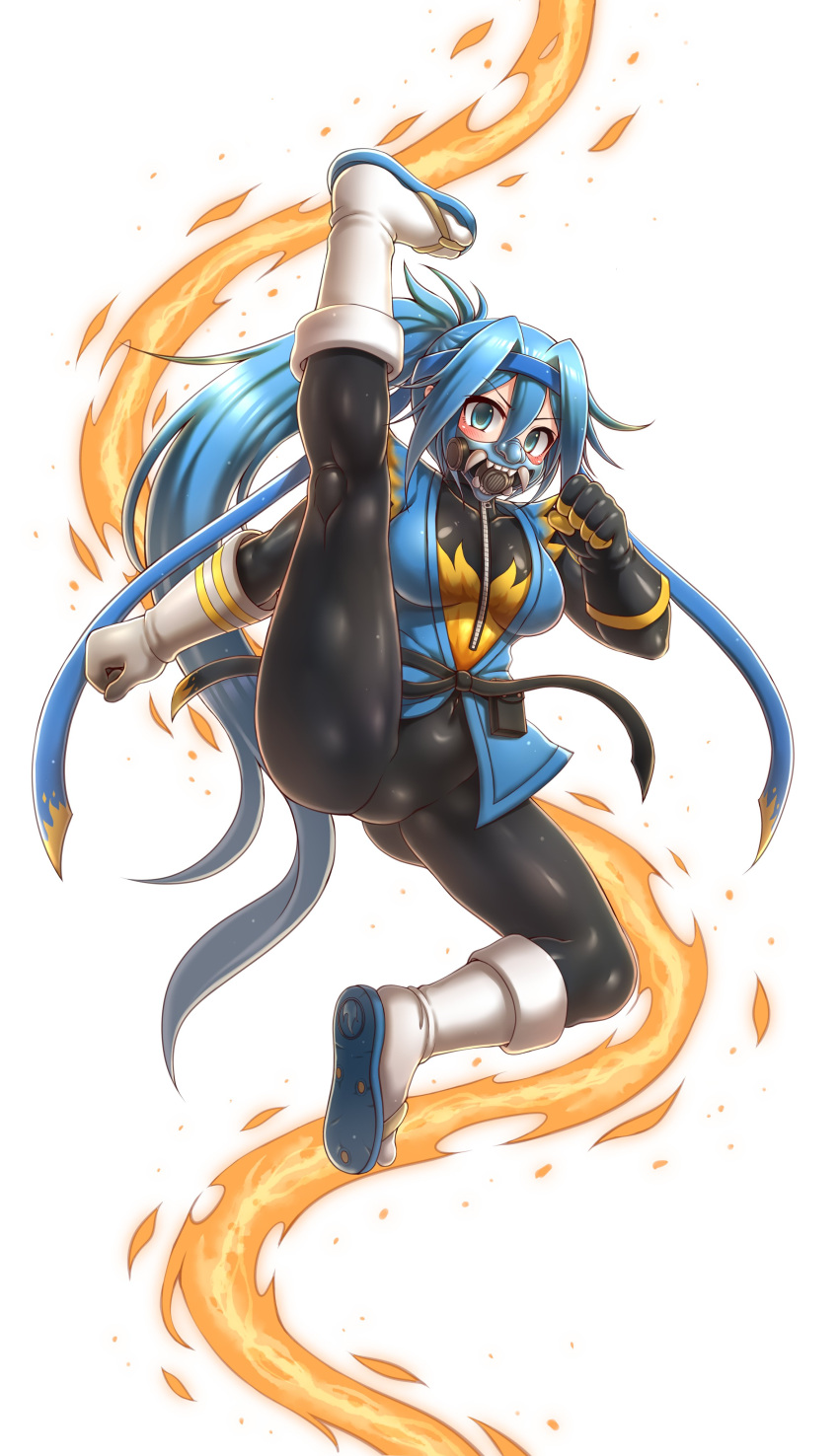 absurdres armor asymmetrical_gloves black_gloves blu_pyro_(tf2) blue_eyes blue_hair commission dougi emperpep female fire full_body genderswap_(otf) gloves headband high_kick highres japanese_armor karate_gi kicking kneepits latex_pants long_hair looking_at_viewer mask menpoo mismatched_gloves pyro_(tf2) respirator rule_63 sandals second-party_source shoe_soles simple_background solo tabi team_fortress_2 v-shaped_eyebrows very_long_hair white_background white_gloves zouri