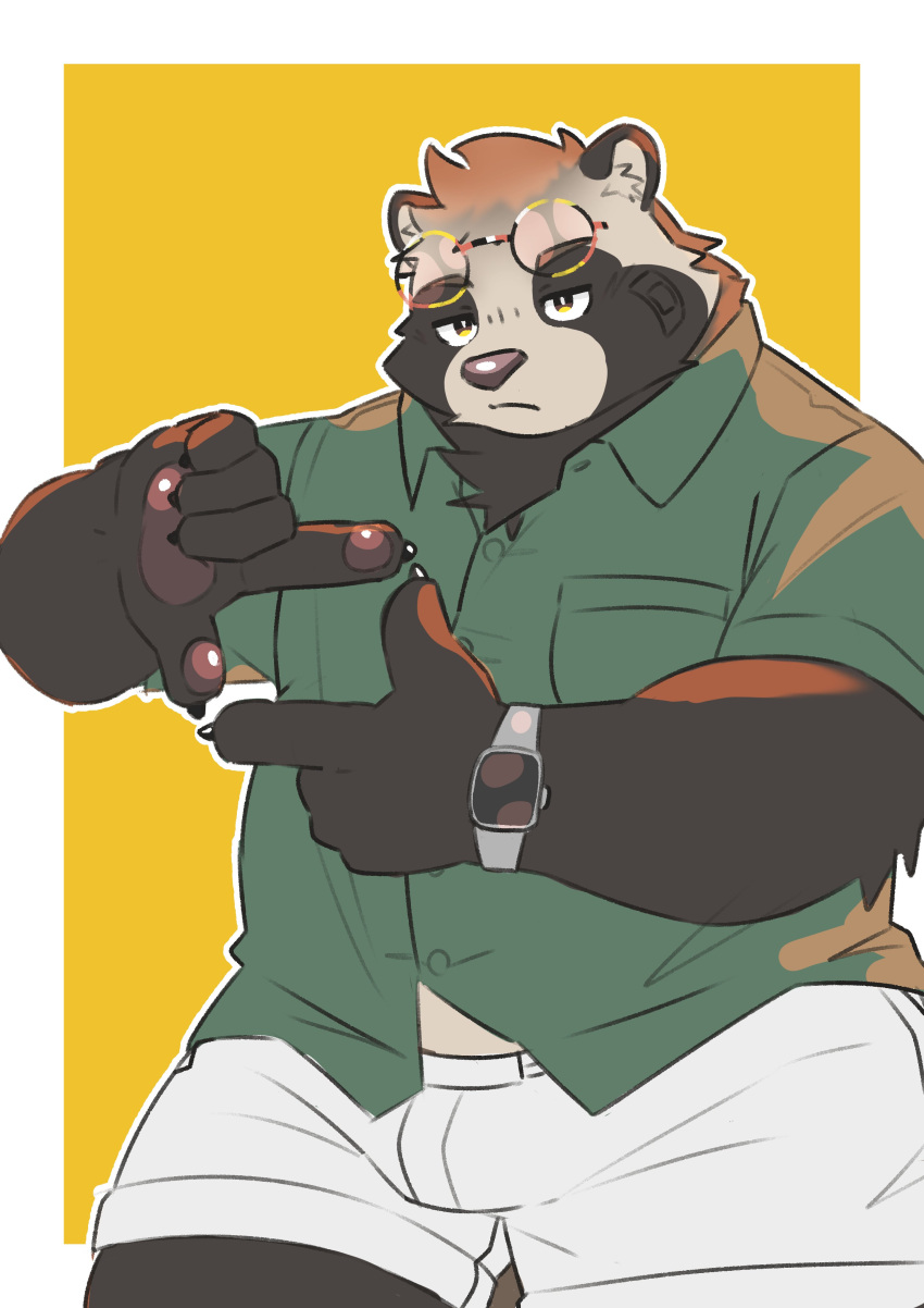 2024 absurd_res anthro band-aid bandage biped bottomwear brown_body bulge canid canine clothing eyewear glasses hi_res humanoid_hands kemono male mammal penguin0700 raccoon_dog shirt shorts simple_background slightly_chubby solo tanuki topwear