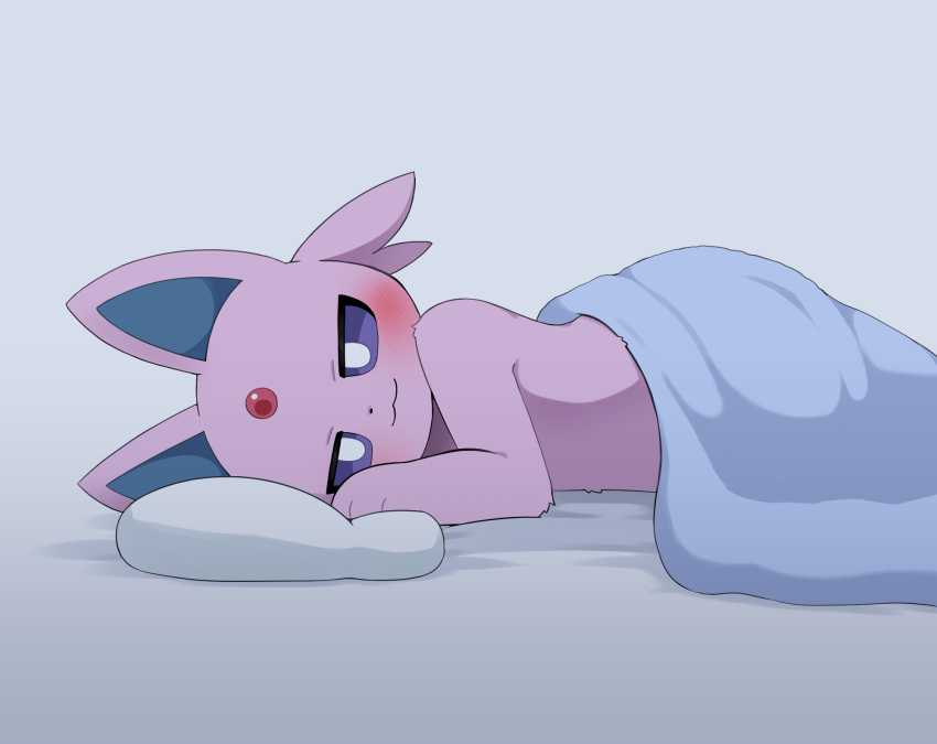 2024 ambiguous_gender bedding blanket blush eeveelution espeon forehead_gem fur gem generation_2_pokemon head_on_pillow hi_res light_body light_fur looking_at_viewer lying nintendo on_side pillow pokemon pokemon_(species) purple_body purple_ears purple_fur solo sum