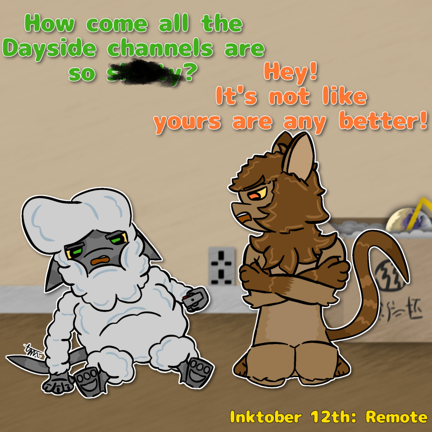 anthro censored_text controller dialogue digital_media_(artwork) duo female firon_(nopov) fur hi_res inktober inktober_2024 male male/female mammal raila_(nopov) relyt2442 remote_control simple_background sitting sitting_on_ground tail text the_nature_of_predators toony venlil_(the_nature_of_predators)