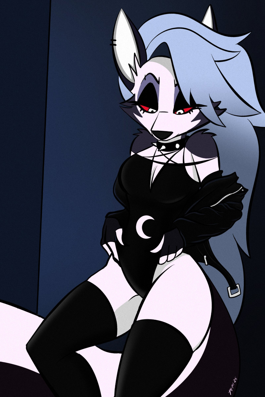 2024 49ersrule07_(artist) absurd_res alternative_fashion anthro black_clothing black_eyeshadow black_jacket black_legwear black_leotard black_nose black_thigh_highs black_topwear breasts canid canid_demon canine cleavage clothed clothing clothing_pull collar demon digital_media_(artwork) ear_piercing ear_ring eyebrow_piercing eyebrows eyeshadow facial_piercing female fingerless_gloves fur gloves grey_hair hair handwear hellhound helluva_boss hi_res jacket leather leather_clothing leather_jacket leather_topwear legwear leotard leotard_pull long_hair looking_down loona_(helluva_boss) makeup mammal mythological_canine mythological_creature mythology narrowed_eyes piercing ring_piercing solo spiked_collar spikes thigh_highs topwear white_body white_fur