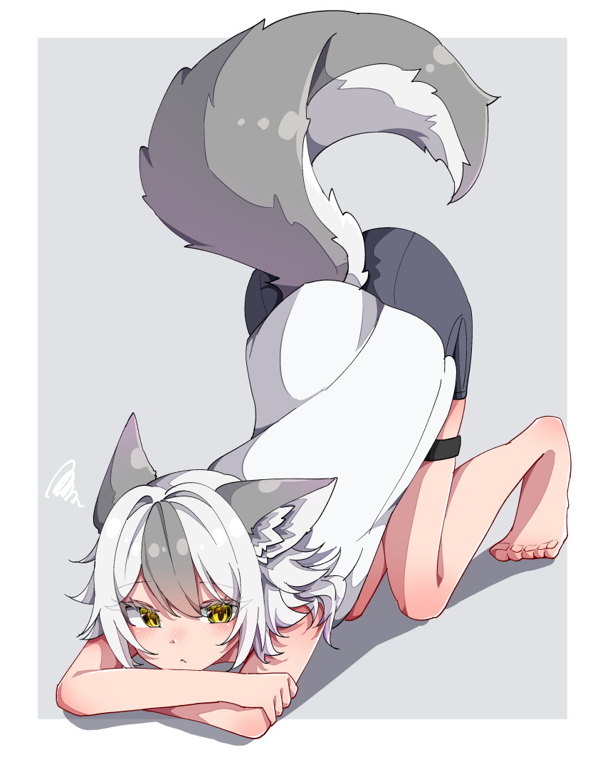 absurdres animal_ear_fluff animal_ears barefoot black_shorts border closed_mouth commentary_request female full_body grey_background grey_hair hair_between_eyes highres kuroyuri_(sakurayuki_lily) multicolored_hair original short_shorts shorts solo squiggle tail thigh_strap top-down_bottom-up two-tone_hair white_border yellow_eyes