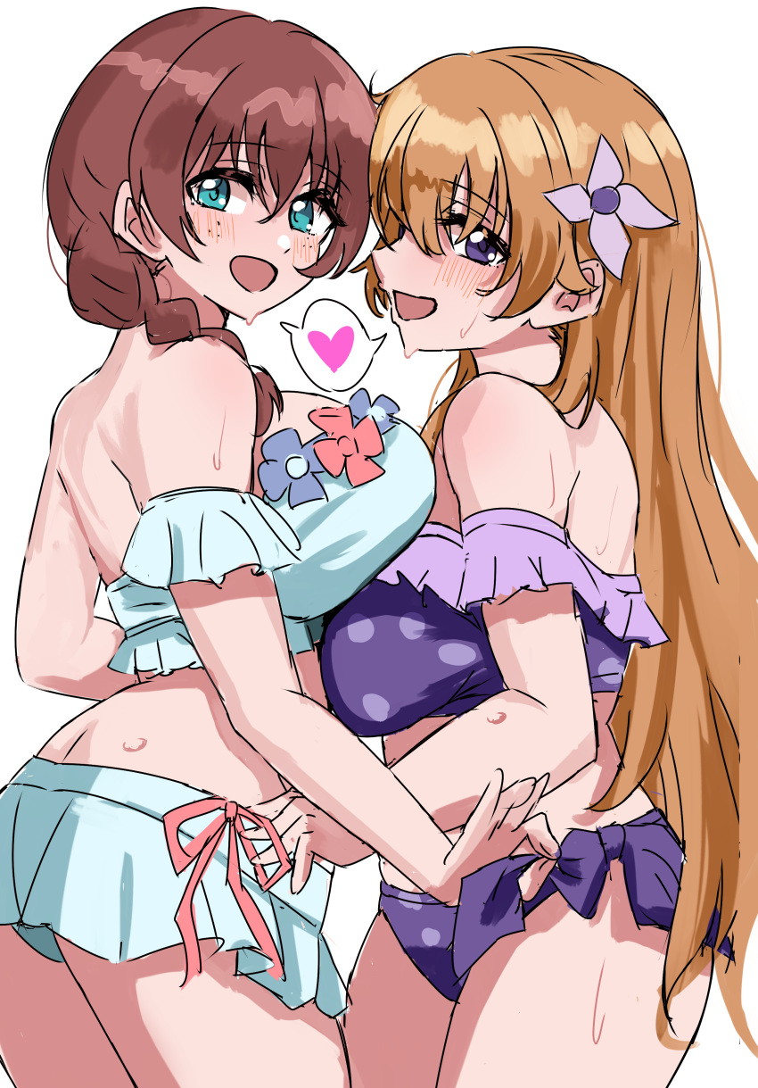 2girls :d absurdres aqua_eyes bikini blue_bikini braid breast_press breasts brown_hair commentary_request cowboy_shot emma_verde ereka frilled_bikini frills hair_between_eyes hair_over_shoulder heart highres konoe_kanata large_breasts long_hair looking_at_viewer love_live! love_live!_nijigasaki_high_school_idol_club love_live!_nijigasaki_high_school_idol_club_kanketsu-hen low_twin_braids multiple_girls off-shoulder_bikini off_shoulder official_alternate_costume purple_bikini purple_eyes shared_speech_bubble sideways_mouth simple_background smile speech_bubble spoken_heart swimsuit symmetrical_docking twin_braids very_long_hair wet white_background