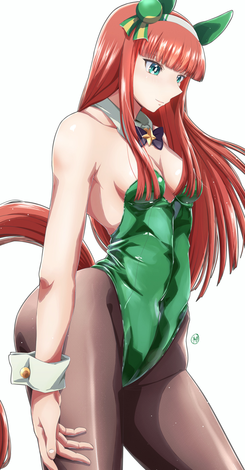 absurdres animal_ears aqua_eyes ass black_bow black_bowtie bow bowtie breasts closed_mouth commentary_request detached_collar ear_covers ear_ornament female green_leotard hairband highres hime_cut horse_ears horse_girl horse_tail leotard orange_hair pantyhose silence_suzuka_(umamusume) simple_background small_breasts solo tail takllou umamusume white_background white_hairband wrist_cuffs