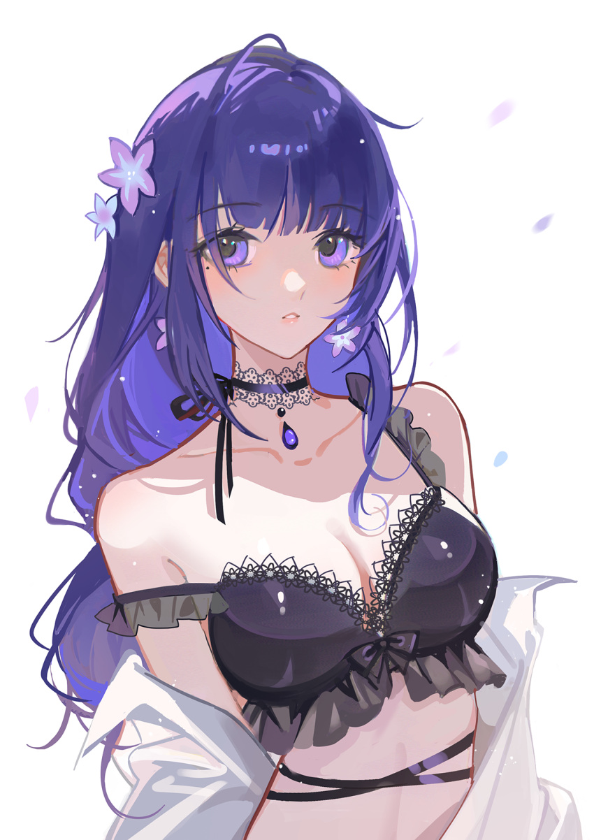 bare_shoulders black_bra black_choker bra breasts choker cleavage commentary_request earrings female flower flower_earrings frilled_bra frills genshin_impact haitu highres jewelry lace-trimmed_choker lace_trim long_hair looking_at_viewer parted_lips purple_eyes purple_flower purple_hair raiden_shogun revision shirt shirt_partially_removed simple_background solo underwear upper_body white_background white_shirt