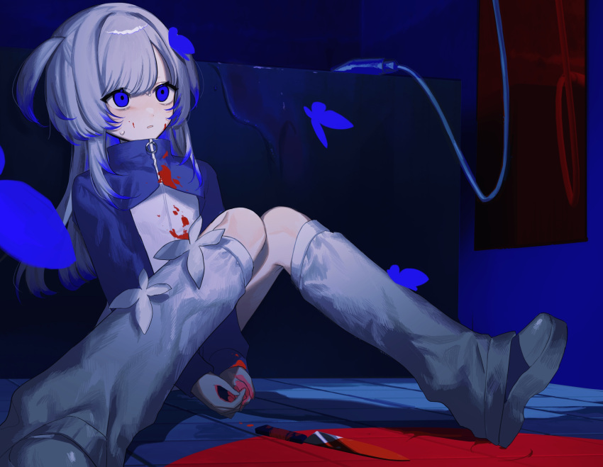 bathroom bathtub blood blood_on_clothes blood_on_face blood_on_ground blue_eyes blue_hair blue_jacket commentary_request female foot_out_of_frame grey_hair hair_intakes highres indoors jacket kitchen_knife knees_up long_hair long_sleeves loose_socks multicolored_hair nemachi original pool_of_blood shoes sidelocks sitting small_sweatdrop socks solo streaked_hair turtleneck turtleneck_jacket white_socks wide-eyed