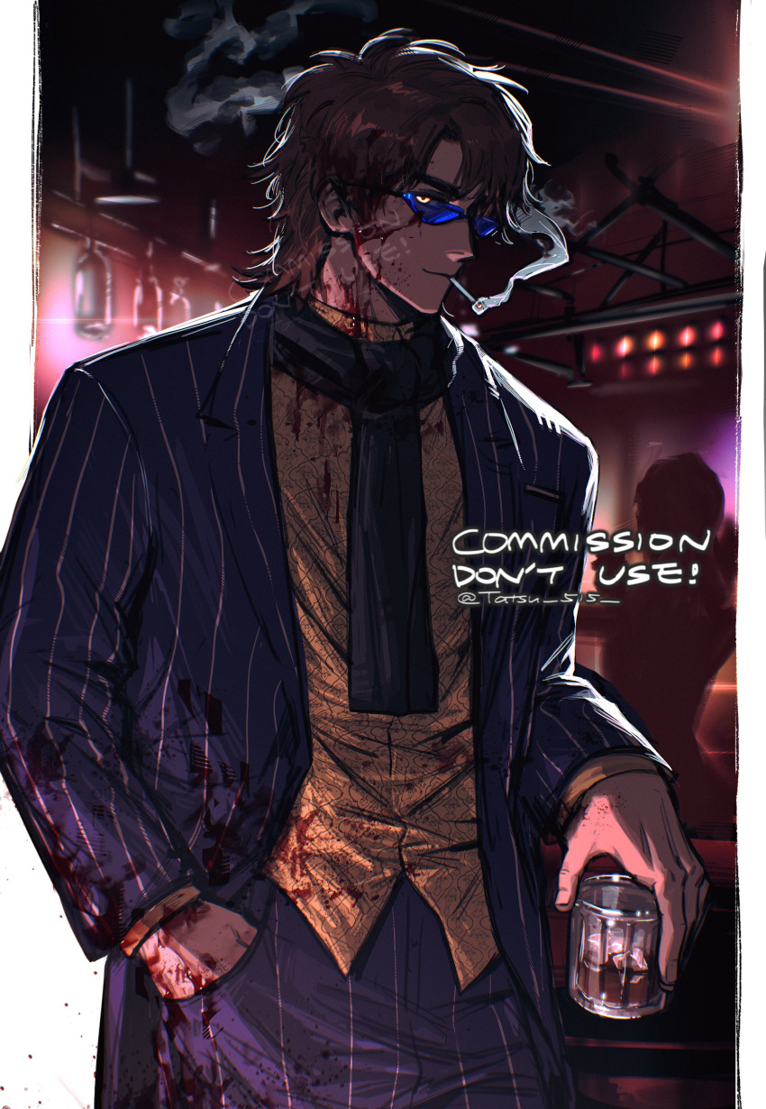 1boy absurdres alcohol black_scarf blood blood_on_clothes blood_on_face blue-tinted_eyewear brown_hair cigarette closed_mouth commentary commission cowboy_shot cup glowing glowing_eye hand_in_pocket highres holding holding_cup hyoudou_kazuya indoors jacket kaiji looking_at_viewer male_focus nightclub pants purple_jacket purple_pants scarf shirt short_hair smile smoking solo striped_clothes striped_jacket striped_pants sunglasses tatsu_(tatsumccree) tinted_eyewear whiskey yellow_eyes yellow_shirt