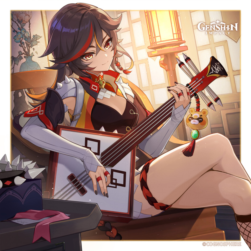 absurdres black_nails breasts brown_hair cleavage commentary copyright_name crossed_legs dark_skin english_commentary feet_out_of_frame female fishnets genshin_impact guitar guoba_(genshin_impact) highres holding holding_guitar holding_instrument indoors instrument long_hair long_sleeves multicolored_hair nail_polish official_art red_hair sitting small_breasts solo streaked_hair thighs xinyan_(genshin_impact)