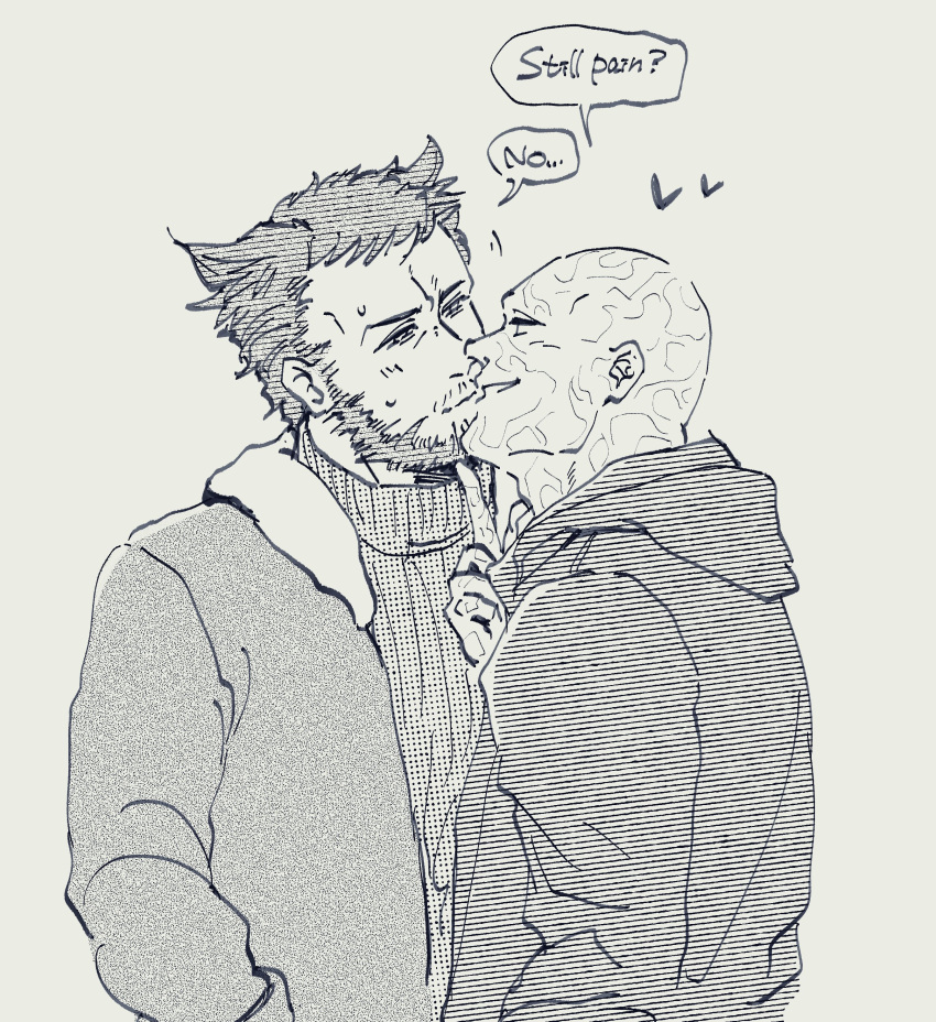 2boys absurdres after_kiss animification azuko_(@zuco) bald beard blush closed_mouth coat commentary deadpool deadpool_&_wolverine deadpool_(series) english_text eye_contact facial_hair hand_in_pocket heart highres hood hood_down jacket long_sleeves looking_at_another marvel marvel_cinematic_universe mature_male multiple_boys scar scars_all_over short_hair smile sweatdrop sweater symbol-only_commentary turtleneck turtleneck_sweater wolverine_(x-men) x-men yaoi