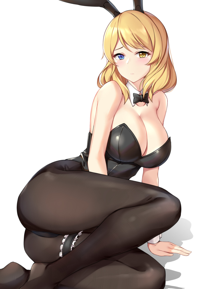 absurdres animal_ears ass bare_shoulders black_bow black_bowtie black_leotard black_pantyhose blonde_hair blue_eyes blush bow bowtie breasts bridal_garter cleavage closed_mouth detached_collar fake_animal_ears female heterochromia highres large_breasts leotard looking_at_viewer medium_hair no_shoes pantyhose playboy_bunny rabbit_ears renown_(warship_girls_r) simple_background sitting solo strapless strapless_leotard thigh_strap warship_girls_r white_background wrist_cuffs yellow_eyes ysakichen2