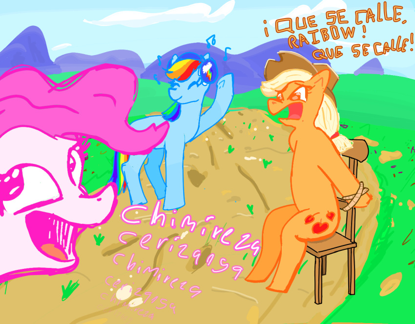 applejack_(mlp) arms_tied bondage bondage bound chair chair_bondage clothing female feral friendship_is_magic furniture hasbro hat headgear headwear my_little_pony pinkie_pie_(mlp) rainbow_dash_(mlp) spanish_text text tomy_thj torture