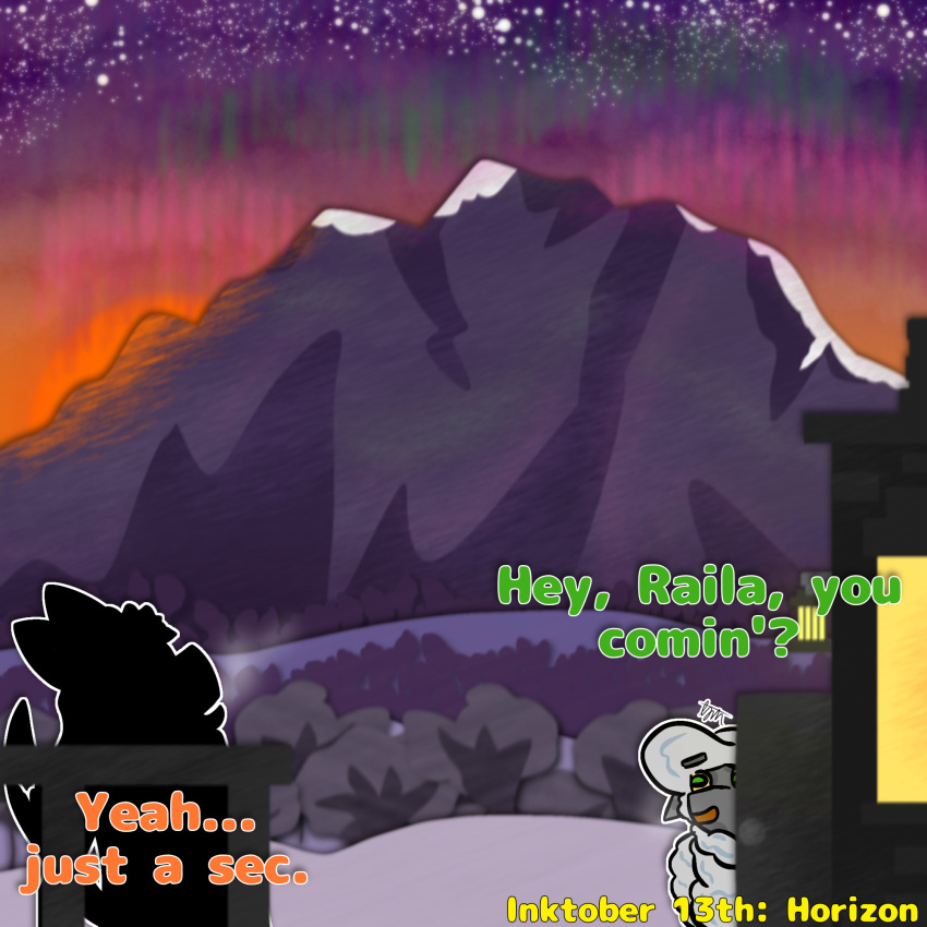 anthro aurora_(phenomenon) detailed_background dialogue digital_media_(artwork) duo female firon_(nopov) hi_res horizon inktober inktober_2024 male male/female mammal mountain raila_(nopov) relyt2442 silhouette star sunset text the_nature_of_predators toony venlil_(the_nature_of_predators)