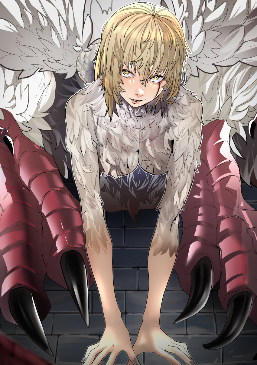 absurdres arm_support blonde_hair blood blood_from_eyes body_fur breasts centauroid chimera claws commentary_request dungeon_meshi falin_touden falin_touden_(chimera) feathered_wings feathers female hair_between_eyes hanging_breasts highres jitome_no_tsugumi large_breasts looking_at_viewer monster_girl parted_lips shadow short_hair sidelocks solo talons taur white_feathers wings yellow_eyes