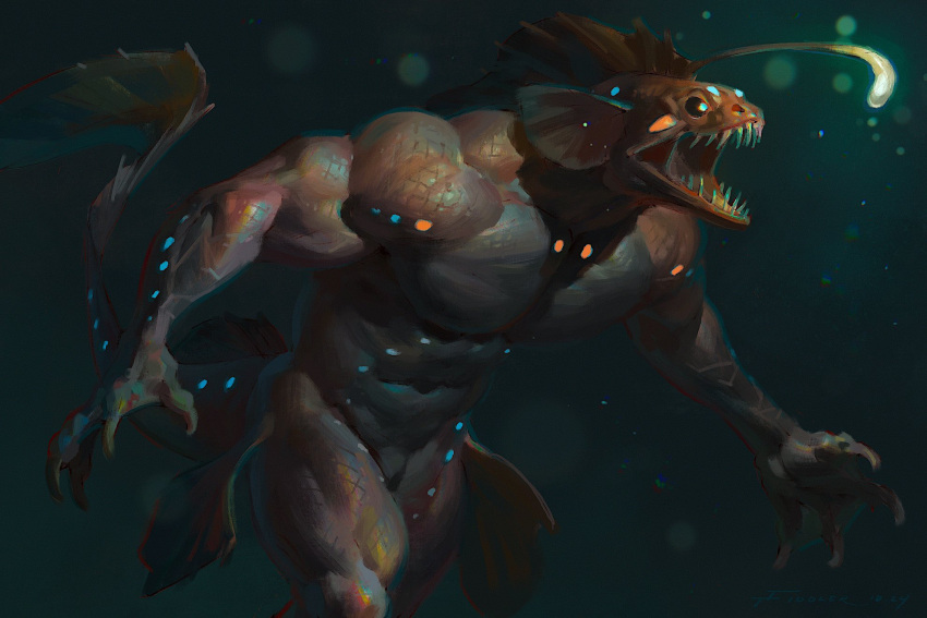 2024 4_fingers anglerfish anthro biceps bioluminescence claws fin finger_claws fingers fish glowing hi_res male marine membrane_(anatomy) muscular muscular_anthro nude open_mouth pecs sharp_teeth signature solo tail taran_fiddler teeth underwater water webbed_hands were weretober