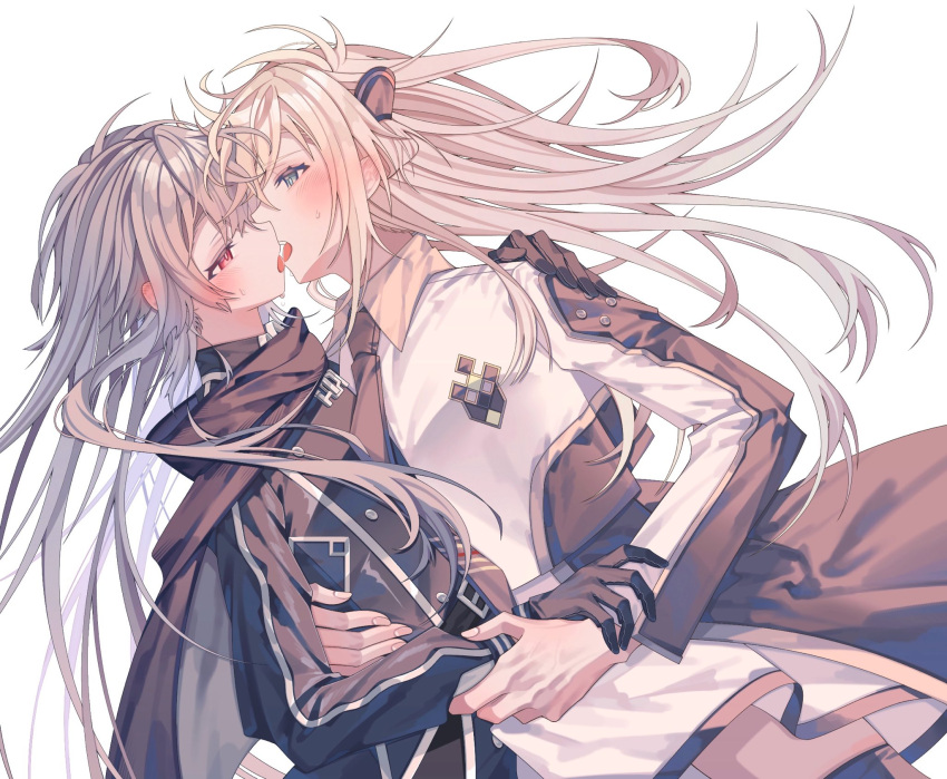 2girls black_necktie black_scarf blonde_hair blush breasts brown_necktie collared_dress couple dress duel_monster emptyayya french_kiss gloves grey_hair heterochromia highres kissing long_hair multiple_girls necktie red_eyes scarf sky_striker_ace_-_raye sky_striker_ace_-_roze two-tone_dress yu-gi-oh! yuri