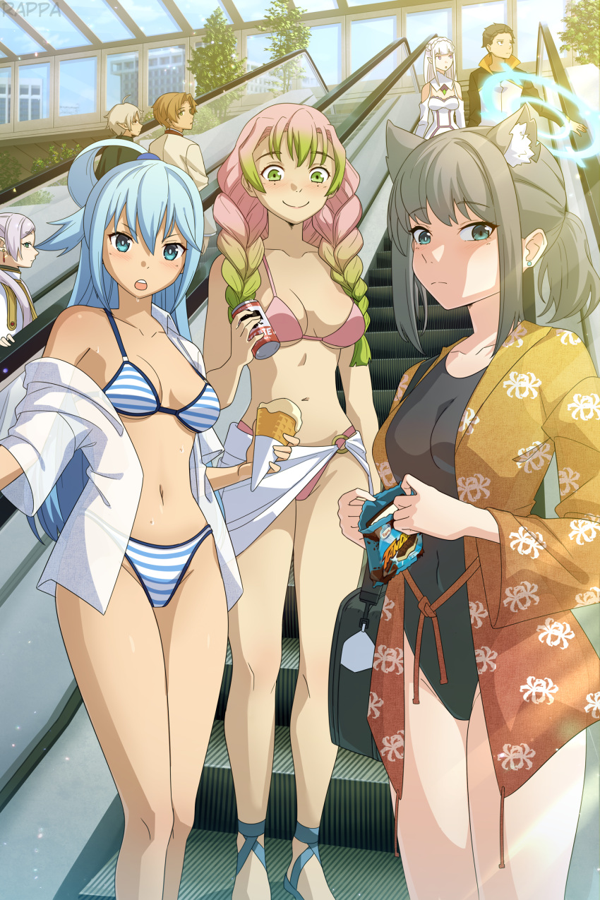 2boys 6+girls animal_ears aqua_(konosuba) bikini black_hair blue_archive blue_archive_the_animation blue_hair braid breasts brown_hair collarbone commentary competition_swimsuit covered_navel crossover earrings elf emilia_(re:zero) english_commentary escalator expressionless extra_ears frieren green_hair halo highres holding holding_ice_cream_cone ice_cream_cone jacket jewelry kanroji_mitsuri kimetsu_no_yaiba kono_subarashii_sekai_ni_shukufuku_wo! large_breasts long_hair looking_at_another looking_at_viewer medium_breasts mixed-language_commentary multicolored_hair multiple_boys multiple_crossover multiple_girls mushoku_tensei natsuki_subaru navel official_alternate_costume one-piece_swimsuit open_mouth pink_hair pointy_ears rappa re:zero_kara_hajimeru_isekai_seikatsu rudeus_greyrat shiroko_(blue_archive) shiroko_(swimsuit)_(blue_archive) short_hair smile sousou_no_frieren species_connection standing swimsuit swimsuit_under_clothes sylphiette_(mushoku_tensei) track_jacket trait_connection twin_braids two-tone_hair white_hair wolf_ears