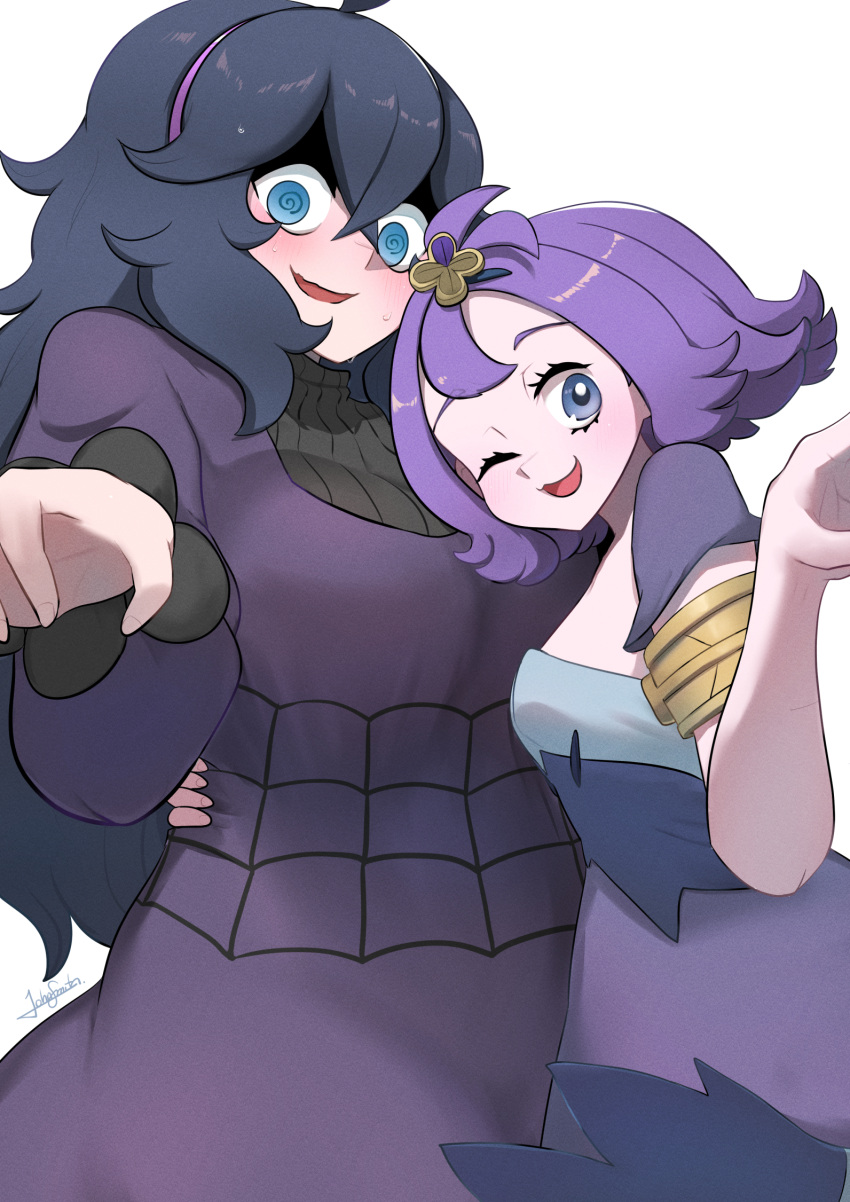 2girls :3 @_@ acerola_(pokemon) ahoge armlet black_hair blue_eyes blush breasts collarbone dress flipped_hair hair_between_eyes hair_ornament hairband hex_maniac_(pokemon) highres jewelry john_(a2556349) large_breasts long_hair looking_at_viewer messy_hair multicolored_clothes multicolored_dress multiple_girls open_mouth pokemon pokemon_sm pokemon_xy purple_eyes purple_hair purple_hairband short_hair short_sleeves simple_background smile stitches topknot torn_clothes torn_dress