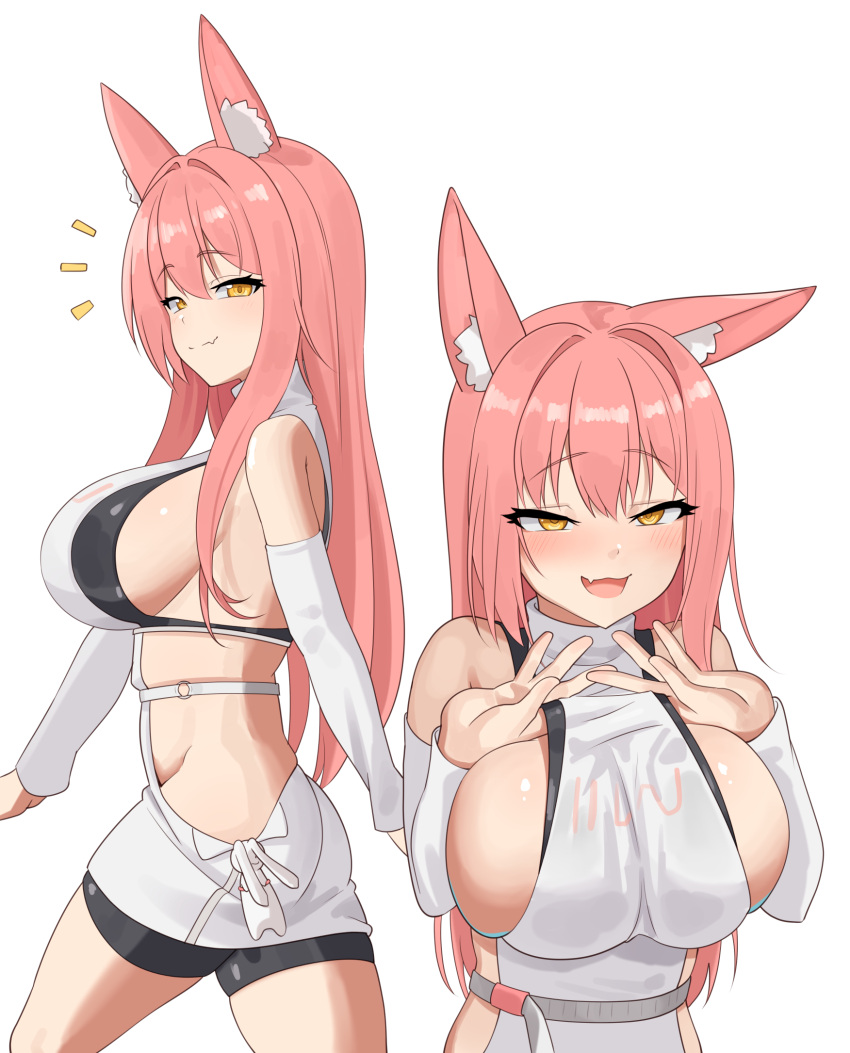 ajidot animal_ear_fluff animal_ears bare_shoulders belt black_bra black_shorts blush bra breasts closed_mouth commentary_request detached_sleeves dress ear_wiggle female goddess_of_victory:_nikke hair_intakes highres huge_breasts korean_commentary leona_(nikke) lion_ears lion_girl long_hair long_sleeves looking_at_viewer multiple_views notice_lines o-ring o-ring_belt oerba_yun_fang open_mouth pink_hair shorts sideboob sideless_dress simple_background skin_fang thighs turtleneck turtleneck_dress underwear white_background white_dress yellow_eyes