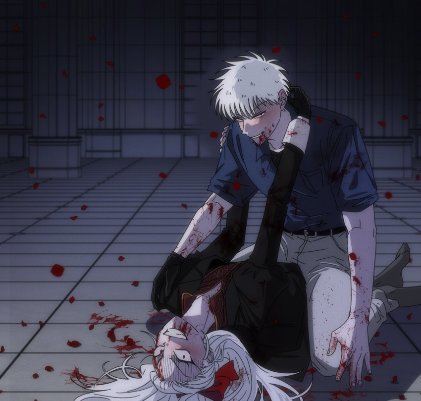 1boy aged_down akagi:_yami_ni_oritatta_tensai akagi_shigeru arm_around_neck belt black_belt black_eyes black_gloves black_jacket blood blood_on_arm blood_on_face blue_shirt bow boy_on_top commentary_request constricted_pupils falling_petals female fukumoto_mahjong full_body genderswap_(mtf) gloves gold_trim grey_background grey_pants grey_pantyhose grey_socks grin hairbow highres indoors jacket korean_commentary long_hair long_sleeves looking_at_viewer muuumin no_shoes pants pantyhose petals red_bow red_eyes red_shirt rule_63 shirt short_hair short_sleeves single_glove smile socks washizu_iwao white_hair