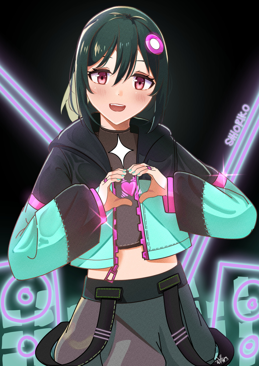 absurdres black_background black_jacket blush character_name commentary cropped_jacket cropped_shirt english_commentary female go_our_way! green_hair green_jacket grey_shirt grey_shorts hair_between_eyes hair_ornament heart heart_hands highres hood hood_down hooded_jacket jacket jewelry long_sleeves looking_at_viewer love_live! love_live!_nijigasaki_high_school_idol_club medium_hair midriff mifune_shioriko multicolored_clothes multicolored_jacket neon_lights official_alternate_hairstyle open_clothes open_jacket open_mouth ponytail red_eyes ring shirt shorts sidelocks smile solo sparkle standing teeth upper_teeth_only whin