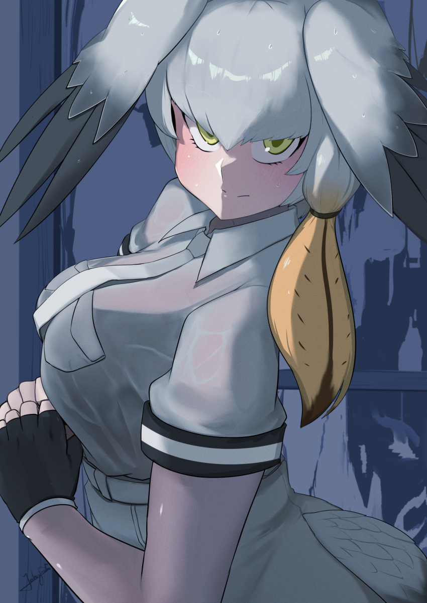 black_gloves black_hair blush breasts closed_mouth collared_shirt female fingerless_gloves gloves green_eyes grey_hair grey_shirt hair_between_eyes head_wings highres john_(a2556349) kemono_friends kemono_friends_3 large_breasts long_hair looking_at_viewer multicolored_hair necktie shirt shoebill_(kemono_friends) short_sleeves shorts sidelocks solo tail wet wet_clothes wings