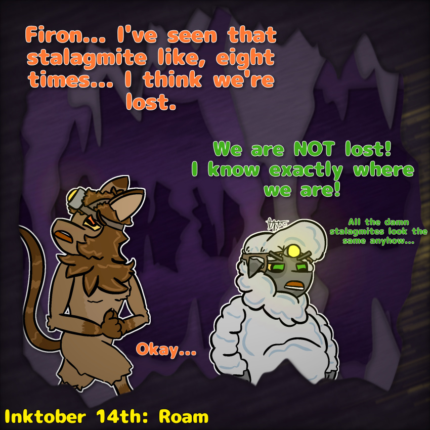 anthro cave dialogue digital_media_(artwork) duo female firon_(nopov) fur headlamp hi_res inktober inktober_2024 lamp lost male male/female mammal raila_(nopov) relyt2442 simple_background spelunking tail text the_nature_of_predators toony venlil_(the_nature_of_predators)