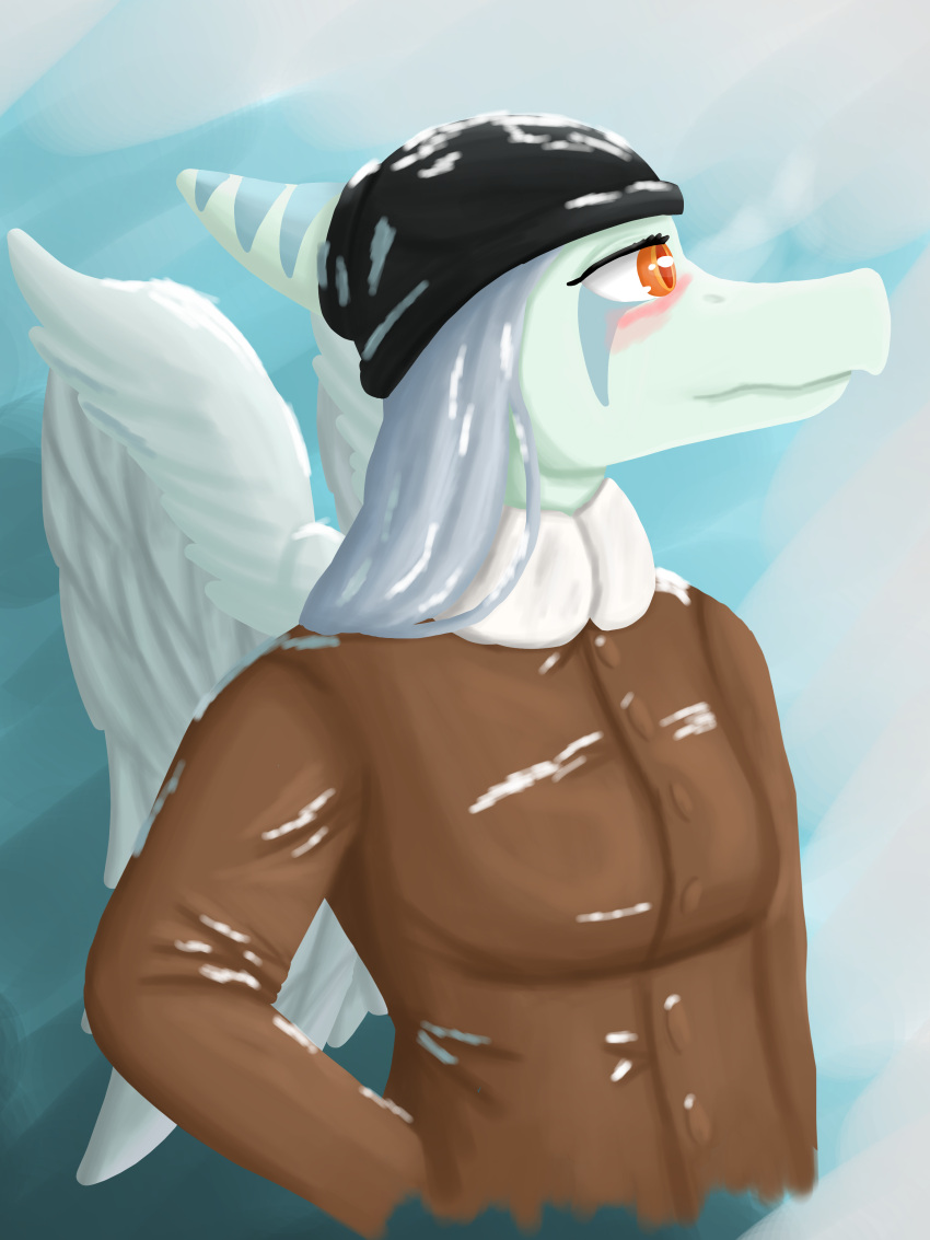 2024 absurd_res amber_eyes anthro beanie bent_arm biped black_beanie black_clothing black_hat black_headwear blue_body blue_scales blush bone_frill breasts brown_clothing brown_coat brown_topwear clothed clothed_anthro clothed_female clothing coat colored day digital_media_(artwork) fang_(gvh) feathered_wings feathers female frill_(anatomy) front_view goodbye_volcano_high gradient_background grey_hair hair half-length_portrait hat head_turned headgear headwear hi_res long_hair markings non-mammal_breasts nonbinary_(lore) outside portrait prehistoric_species pterodactylus pterosaur reptile scales scalie simple_background snow solo striped_markings stripes topwear tyenov white_body white_feathers wings winter winter_coat