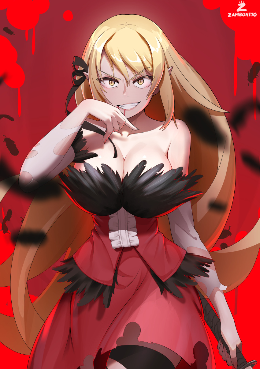 absurdres bakemonogatari black_feathers blonde_hair blood blurry blurry_foreground breasts commentary dress falling_feathers fangs feathers female highres kiss-shot_acerola-orion_heart-under-blade large_breasts long_hair monogatari_(series) oshino_shinobu red_background red_dress slit_pupils smile solo strapless strapless_dress swept_bangs torn_clothes torn_sleeves v-shaped_eyebrows white_sleeves yellow_eyes zambonito