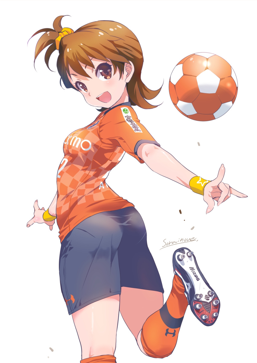 :d \m/ artist_name ass ball black_footwear black_shorts black_trim breasts brown_eyes brown_hair checkered_clothes checkered_shirt cleats clothes_writing female foot_out_of_frame from_behind futami_ami hair_between_eyes highres idolmaster idolmaster_(classic) inoue_sora jersey kicking kneehighs looking_at_viewer looking_back open_mouth orange_shirt orange_socks outstretched_arms pantylines playing_sports reaching reaching_towards_viewer red_trim scrunchie shards shirt shoes short_sidetail short_sleeves shorts side_ponytail signature small_breasts smile soccer soccer_ball soccer_uniform socks solo sportswear standing standing_on_one_leg teeth twisted_torso under_armour upper_teeth_only white_trim yellow_scrunchie yellow_wristband