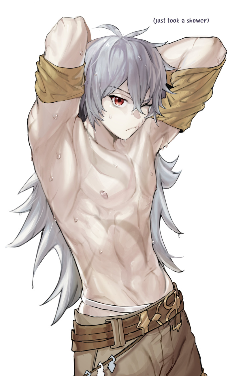 absurdres armpits arms_up bana_gameg brown_pants closed_mouth genshin_impact grey_hair highres long_hair male_focus nude one_eye_closed pants razor_(genshin_impact) red_eyes scar scar_on_cheek scar_on_face solo sweat topless topless_male