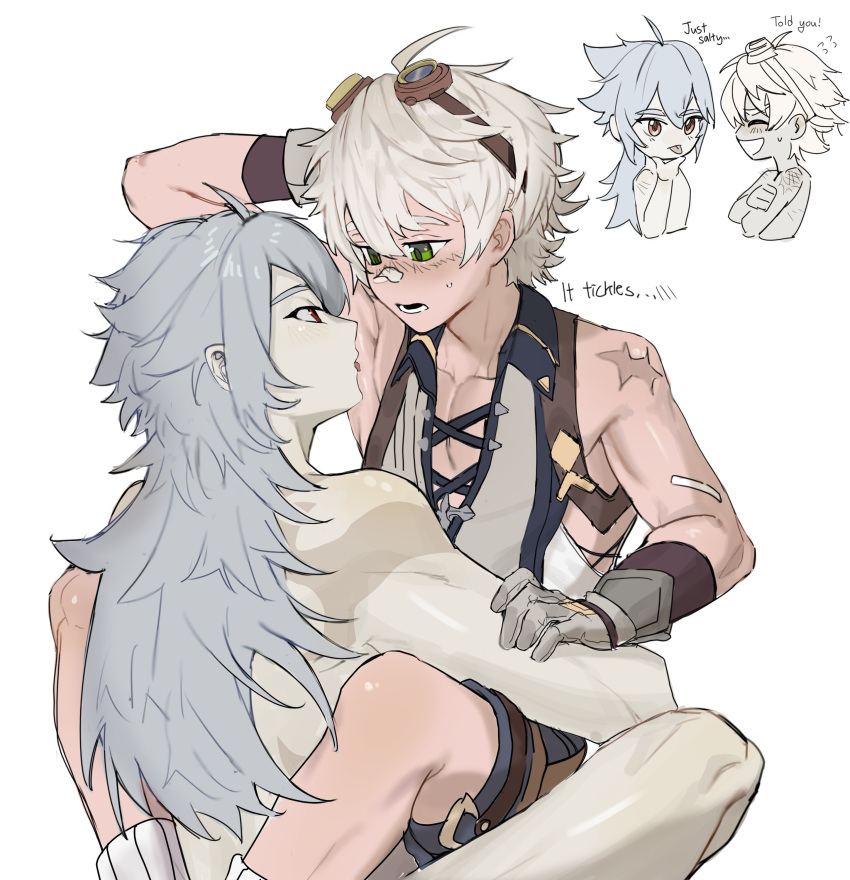 absurdres armpits arms_up bana_gameg bennett_(genshin_impact) gloves green_eyes grey_hair highres licking licking_armpit long_hair nude one_eye_closed pants razor_(genshin_impact) red_eyes scar scar_on_arm topless topless_male white_hair yaoi