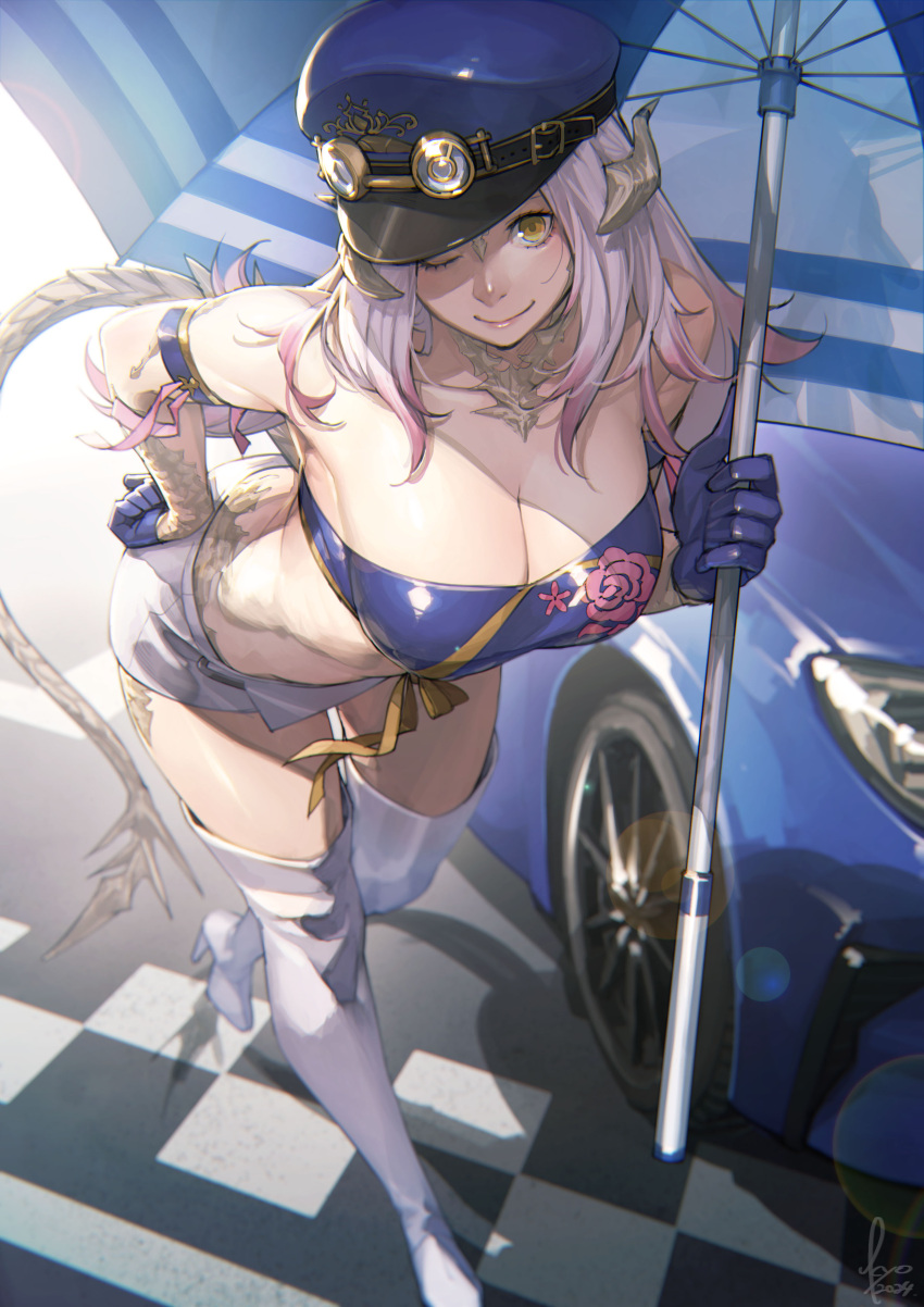 absurdres boots breasts car character_request checkered_floor cleavage final_fantasy final_fantasy_xiv gloves hand_on_own_hip hat highres holding holding_umbrella horns kyo_(kuroichigo) long_hair midriff motor_vehicle pink_hair race_queen smile strapless tail thigh_boots tube_top umbrella