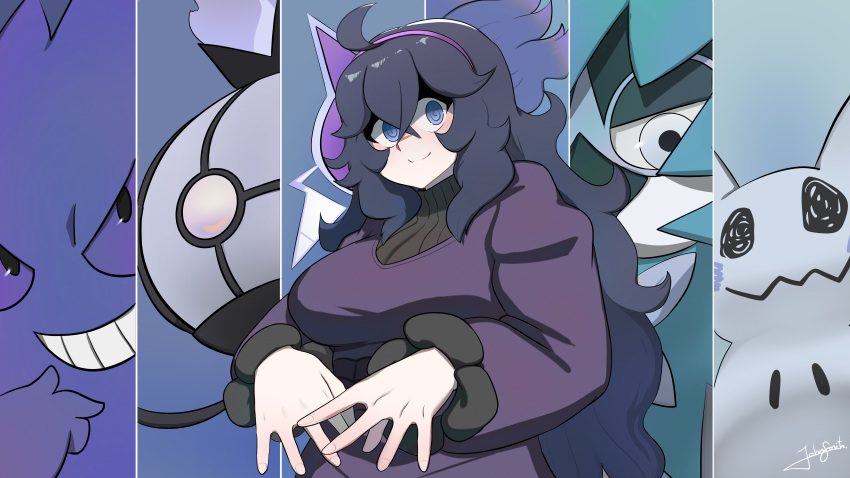 @_@ absurdres ahoge black_hair blush breasts chandelure decidueye dress female gengar hair_between_eyes hairband hex_maniac_(pokemon) highres john_(a2556349) large_breasts long_dress long_hair looking_at_viewer messy_hair mimikyu pokemon pokemon_(creature) pokemon_xy purple_eyes purple_hairband smile