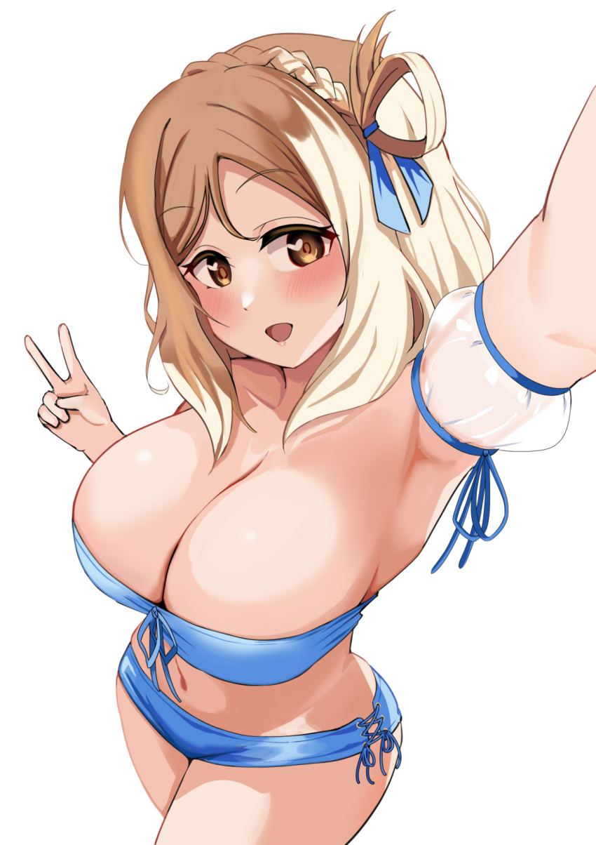 :d armpits blonde_hair blue_eyes blush braid breasts brown_eyes brown_hair cleavage female hair_rings heart heart-shaped_pupils highres large_breasts long_hair looking_at_viewer love_live! love_live!_sunshine!! multicolored_hair navel ohara_mari open_mouth pisagi selfie sidelocks simple_background smile solo standing swimsuit symbol-shaped_pupils two-tone_hair v white_background