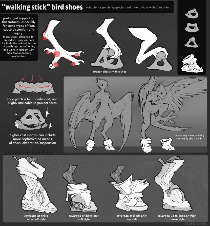 ambiguous_gender anthro avian avian_feet beak black_and_white claws clothing design_sheet english_text feathers featureless_crotch fireflufferz footwear furgonomic_footwear furgonomics hi_res model_sheet monochrome nude removing_shoes scales solo standing text undressing winged_arms wings