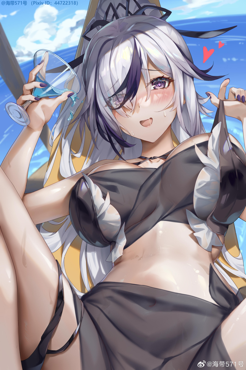 a150_(warship_girls_r) absurdres bare_shoulders bikini black_bikini black_hair blue_sky blush breasts cup day drinking_glass eyes_visible_through_hair female grey_hair haidai571hao hair_over_one_eye heart heart-shaped_pupils highres holding holding_cup large_breasts long_hair looking_at_viewer lying multicolored_hair nail_polish navel ocean on_back open_mouth outdoors ponytail purple_eyes purple_nails sarong sky smile solo spread_legs stomach streaked_hair sweat swimsuit symbol-shaped_pupils thigh_strap warship_girls_r water white_hair wine_glass